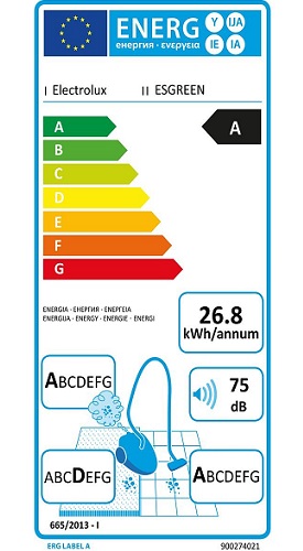 Aspirateur Electrolux - ErgoSpace ESGREEN - Etiquette Energétique